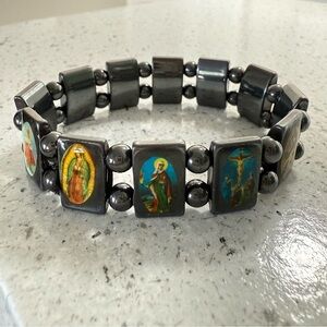 Religious Icon Hematite Magnetic Stretch Bracelet
